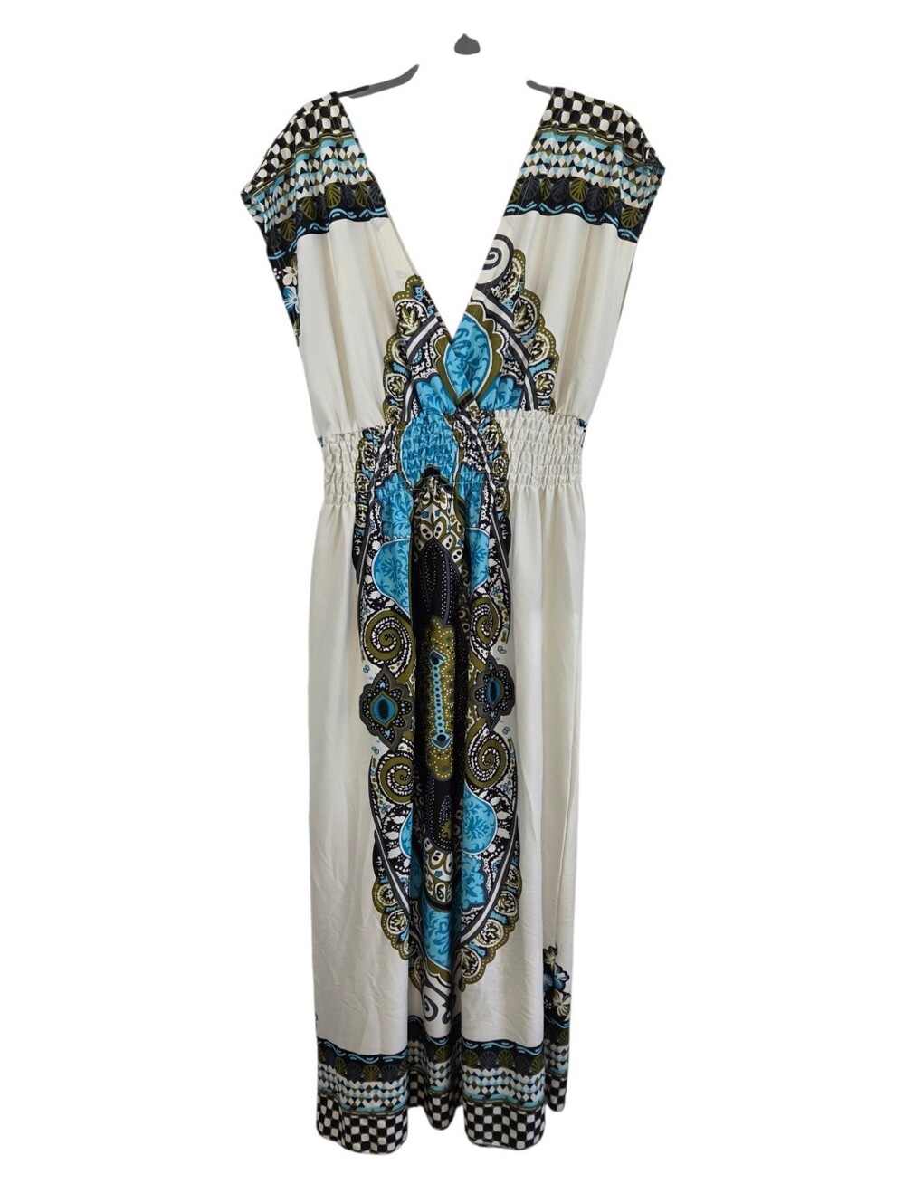 Metropolitan Boho Sleeveless V-Neck Maxi Dress Size 1X ~ Pre-Owned Cream Blue